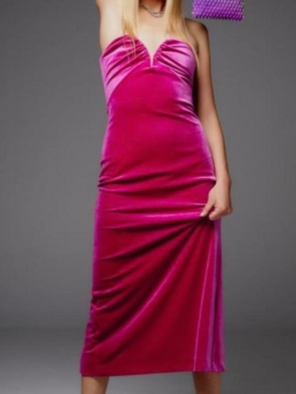 Zara Strapless Velvet Midi Dress in Bright Pink